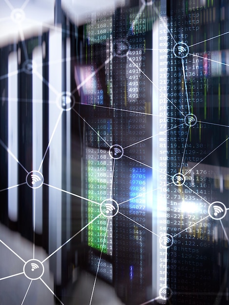 Estructura abstracta de la red wifi en el fondo de la sala de servidores moderna