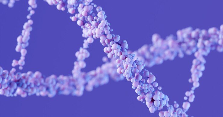 Foto estructura de adn 3d en color lavanda sobre un fondo violeta. de cerca. antecedentes médicos científicos y tecnología sanitaria para presentación, portada o publicidad.