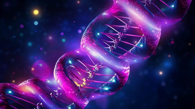 Estructura del ADN en luz azul sobre fondo oscuro IA generativa