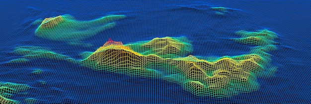 Estructura alámbrica de cuadrícula topográfica renderizada en 3D Isla de color degradado