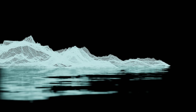 Estructura alámbrica de la isla y su reflejo en un mar (Representación 3D)