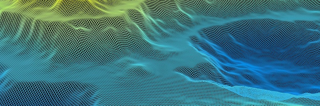 Estructura alámbrica de rejilla topográfica renderizada en 3D. Isla degradada.