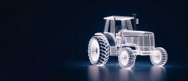 Foto estructura alámbrica de un tractor grande hecho de líneas azules con luces brillantes aisladas en un fondo oscuro vista en perspectiva ia generativa