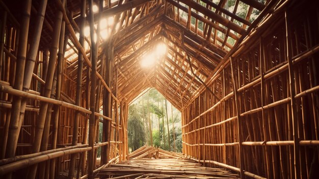 Estructura arafeada de palos de bambú y madera con luz solar brillando a través de la IA generativa.