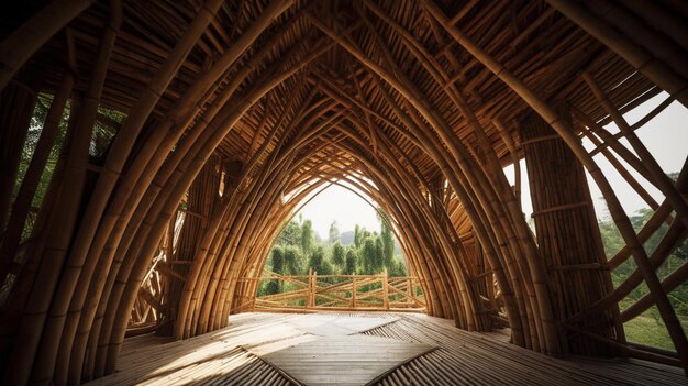 estructura arafed de bambú con piso de madera y pasarela de madera ai generativo