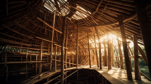 Estructura arafed hecha de palos de bambú y madera con el sol brillando a través del techo ai generativo.