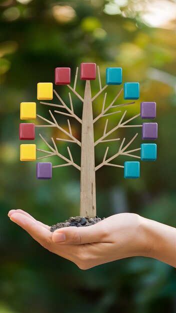 Foto estructura de árbol cubo colorido con la mano sosteniendo un cubo que simboliza el crecimiento y la gestión vertical mo