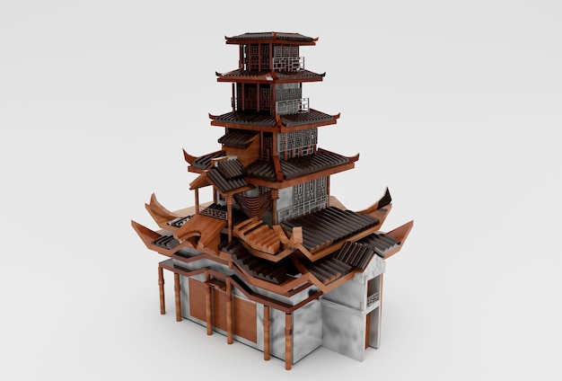 Estructura arquitectónica asiática antigua Casa china Ilustración 3d Templo sobre fondo blanco