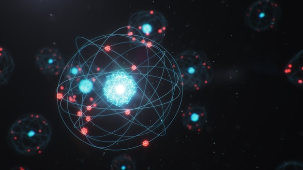 Estructura atomica. Bolas de energía brillante, reacción nuclear.