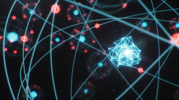 Estructura atomica. Bolas de energía brillante, reacción nuclear.