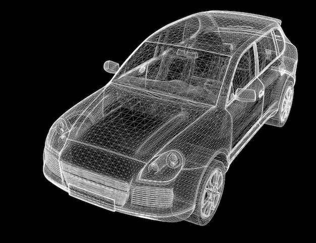 Foto estructura de la carrocería del modelo 3d del coche, modelo de alambre