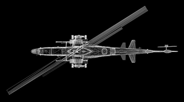 Estructura de la carrocería del modelo 3D de helicóptero militar, modelo de alambre