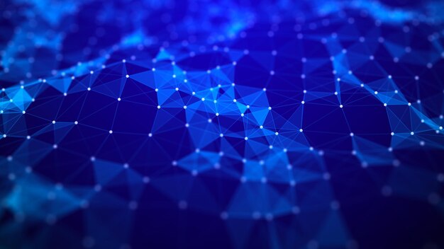 Estructura de conexión de red Datos grandes fondo azul digital Fondo científico con puntos conectados Líneas y triángulos Renderización 3D