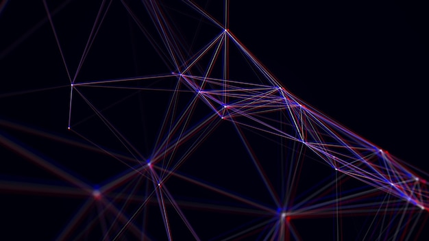 Estructura de conexión de red con efecto glitch Fondo azul abstracto con puntos y líneas móviles Ilustración futurista Diseño de tecnología digital Rendering 3D
