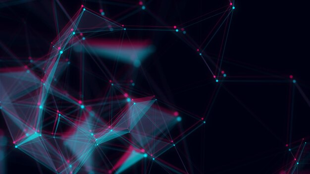 Estructura de conexión de red de glitch azul Fondo digital con puntos y líneas Visualización de grandes datos Renderización 3D