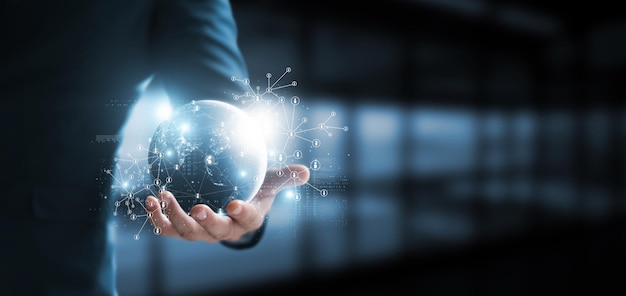Estructura de conexión de red global empresario que posee una red social global análisis de la estrategia de negocio de la red tecnología financiera y bancaria innovación y concepto de comunicación