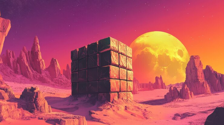 Estructura de cubo alienígena en un planeta desolado