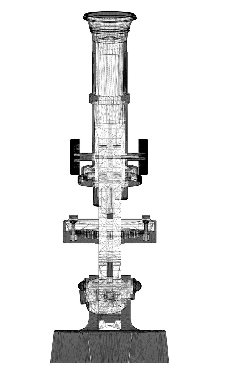 Foto estructura del cuerpo del microscopio, modelo de alambre en el fondo