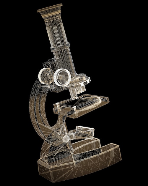 Estructura del cuerpo del microscopio, modelo de alambre en el fondo