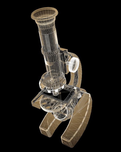 Estructura del cuerpo del microscopio, modelo de alambre en el fondo