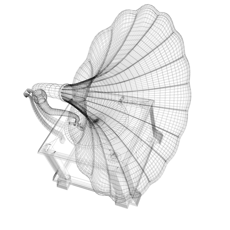 Foto estructura del cuerpo del modelo 3d del gramófono, modelo de alambre