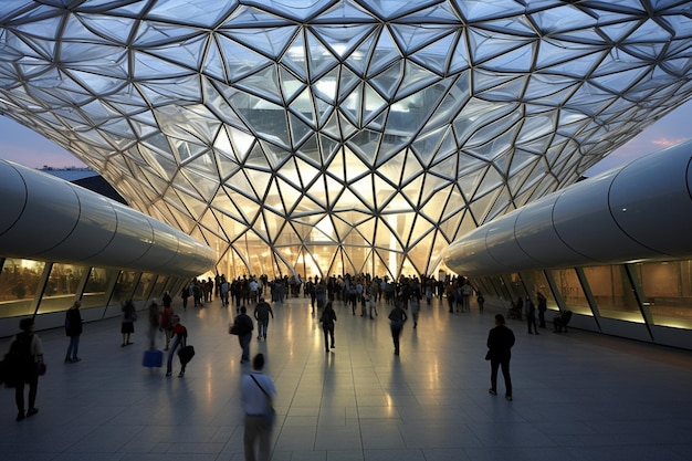 Estructura de cúpula con una intrincada red de ilustraciones de exposición de edificios futuristas entrelazadas