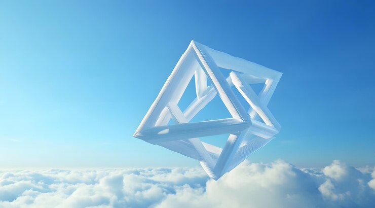 Foto estructura geométrica blanca flotando por encima de las nubes