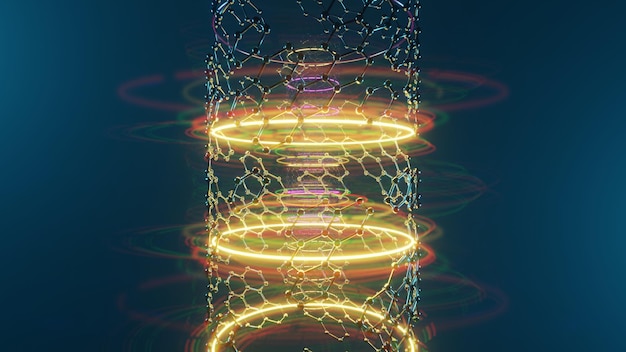 Estructura helicoidal brillante futurista con anillos de neón y red molecular