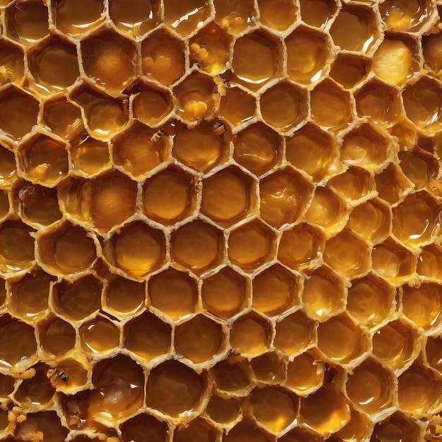 La estructura hexagonal abstracta es un panal de abejas de una colmena llena de miel dorada.