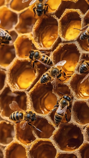 La estructura hexagonal abstracta es un panal de miel de una colmena llena de miel dorada