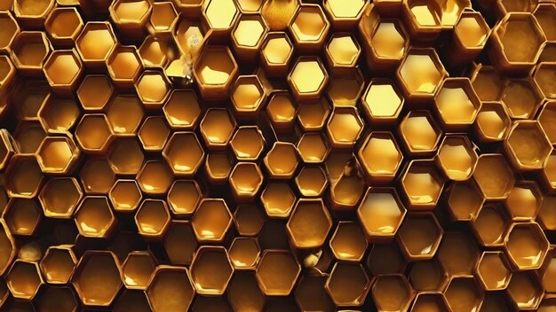 La estructura hexagonal es un panal de abeja lleno de miel dorada.