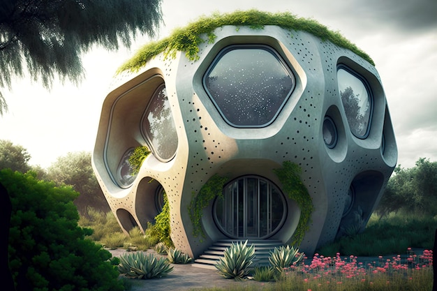 Estructura de hormigón futurista con diseño rodeado de plantas exterior de casa de estilo hitech