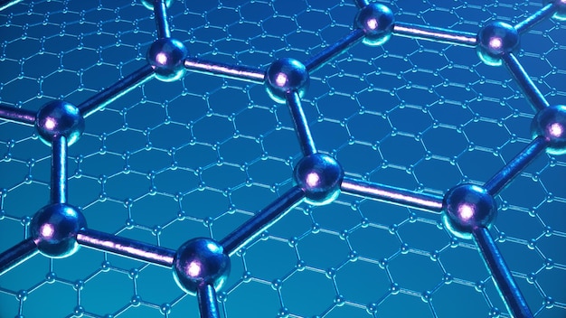 Estructura de ilustración 3d de la superficie de grafeno o carbono, primer plano de forma geométrica hexagonal de nanotecnología abstracta, estructura atómica de grafeno conceptual, estructura molecular de grafeno conceptual.