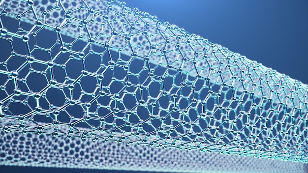 Estructura de ilustración 3d del tubo de grafeno, primer plano de forma geométrica hexagonal de nanotecnología abstracta, estructura atómica de grafeno conceptual, estructura molecular de grafeno conceptual. tubo de carbono.