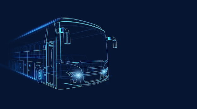 Estructura metálica del gran autobús turístico que se mueve rápido sobre un fondo azul oscuro