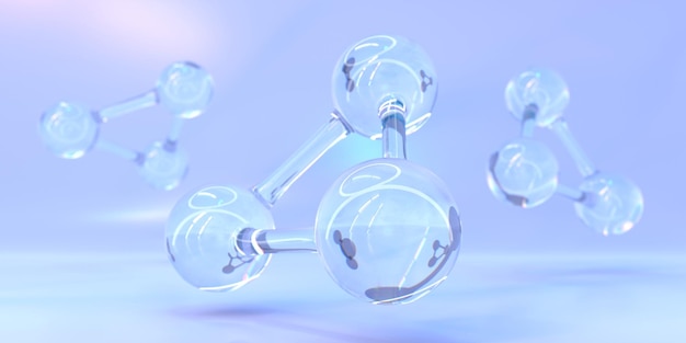 Estructura molecular abstracta para banner científico o médico Concepto de ciencia química medicina e investigación microscópica de laboratorio Esferas 3d transparentes conectadas sobre fondo azul púrpura