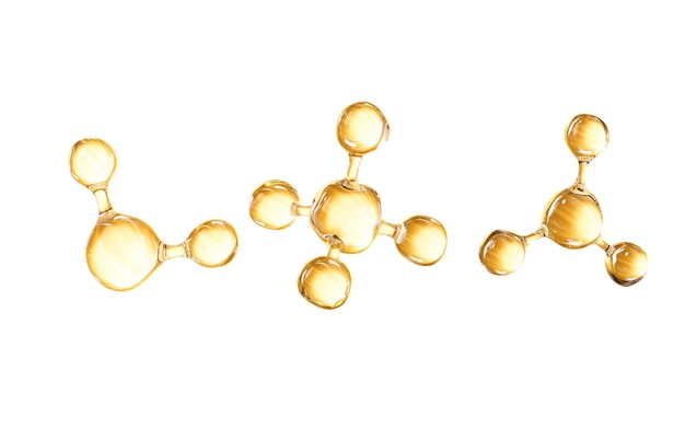 Estructura molecular dorada cuidado de la piel y concepto biomédico renderización 3D