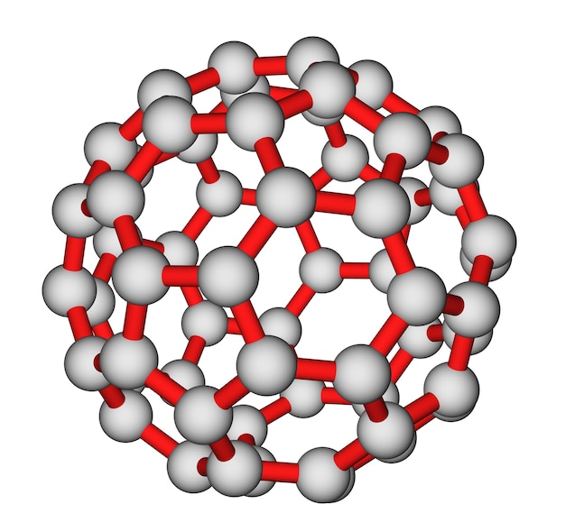 Estructura molecular optimizada de fullereno C60 sobre un fondo blanco.