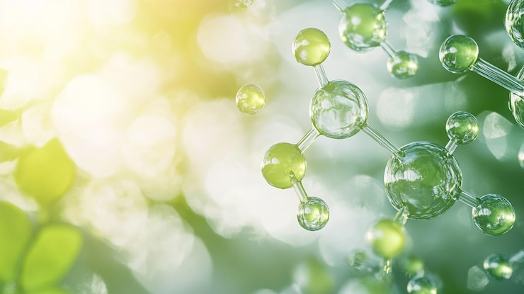 Estructura molecular verde rodeada de elementos naturales en un entorno brillante durante las horas de luz del día