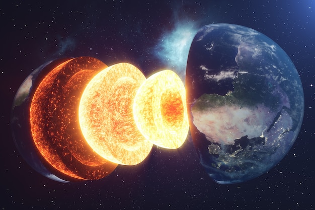 Estructura del núcleo de la Tierra. Estructura capas de la tierra. La estructura de la corteza terrestre. Sección transversal de la tierra en vista espacial. Elementos de esta imagen proporcionada por la NASA. Representación 3D