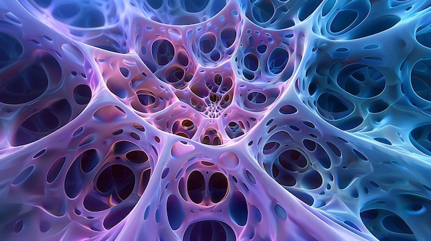 Estructura orgánica azul y púrpura que se asemeja a un arrecife de coral o a un paisaje alienígena