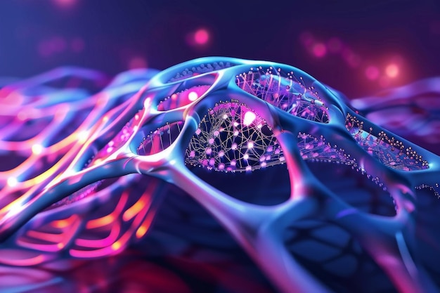 Estructura de panal orgánico azul con orbes brillantes fondo de nanotecnología