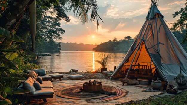 Foto una estructura de teepee se encuentra prominentemente en la parte superior de un campo verde vibrante cerca del lago