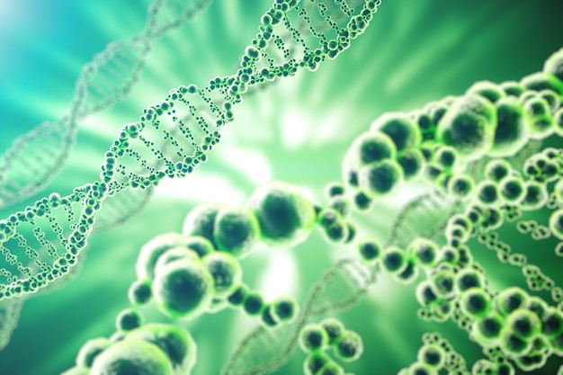 Estrutura da molécula de DNA Closeup do conceito de genoma humano renderização em 3d Conceito de medicina