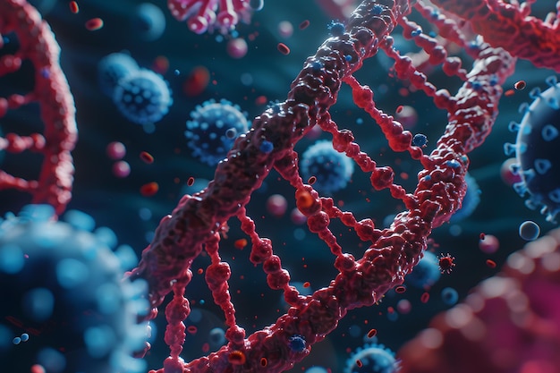 Estrutura da molécula de DNA renderização 3D com profundidade de campo e bokeh