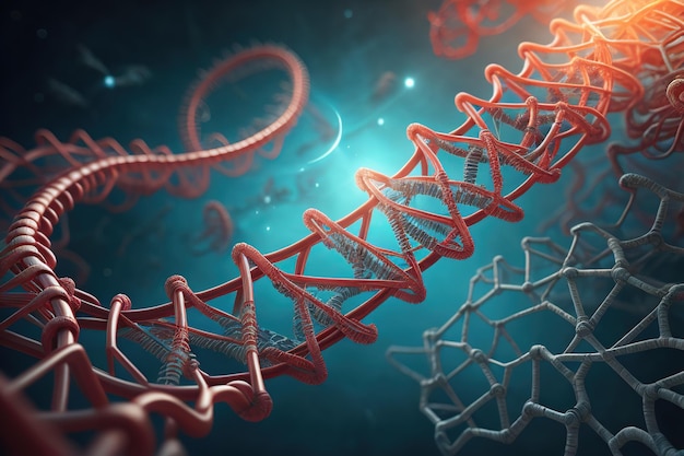 Estrutura de código de sequência digital de DNA com o conceito de ciência brilhante e fundo de nanotecnologia
