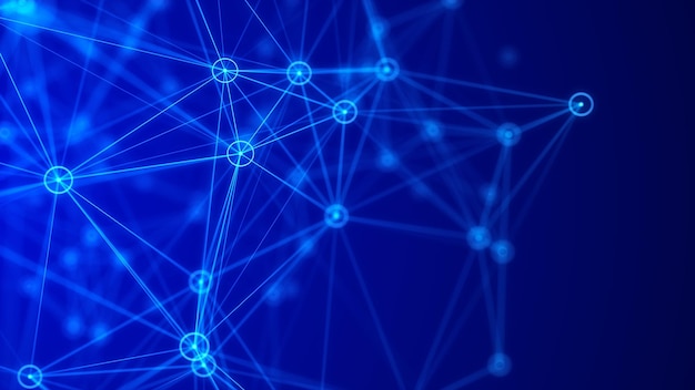 Estrutura de conexão de rede Big data digital fundo azul fundo científico com pontos conectados linhas e triângulos renderização 3D