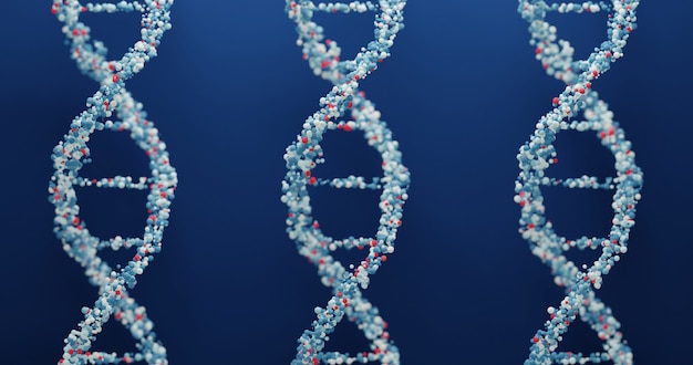 Estrutura de DNA 3D branca em um fundo azul marinho. Formação médica científica e tecnologia de saúde para apresentação, capa ou anúncio.