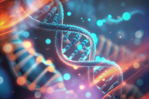 Estrutura de DNA de biotecnologia da biologia celular humana, cadeias de DNA, estrutura molecular, fundo de ciência, ilustração 3D