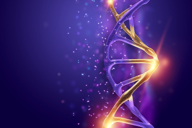 Foto estrutura de dna, molécula de dna dourada sobre fundo violeta, ultravioleta